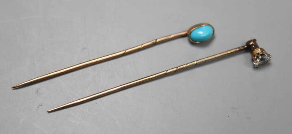 Two late Victorian sick pins- turquoise set and solitaire diamond set, longest 62mm, gross 2.5 grams and an odd stud.